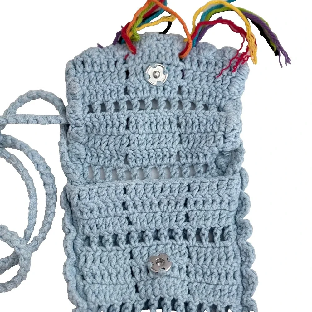 Handmade Cotton Crochet Bag Crossbody Long Strap Light Sky Blue Rainbow